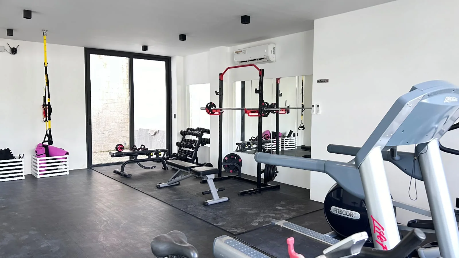 Gimnasio equipado con pesas y caminadora en Black & White, La Veleta